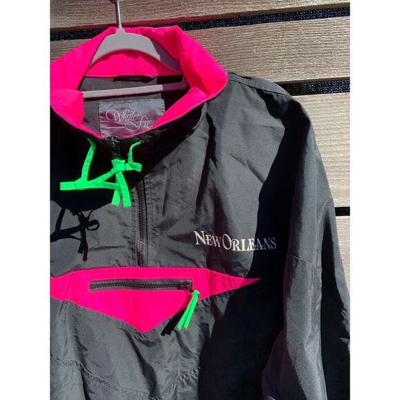 Vintage New Orleans Retro 90s L Windbreaker Jacket Anorak Black Pink Neon - Picture 3 of 5